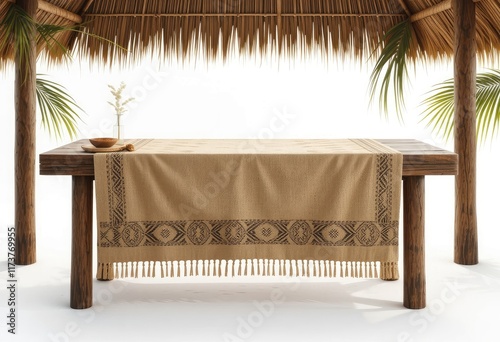 Beige table runner with fringe on wooden table photo