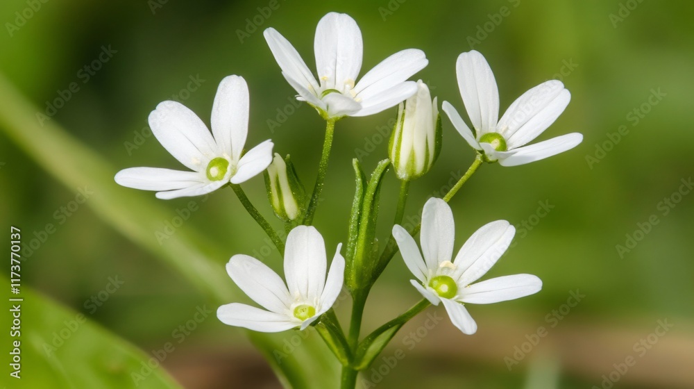 Closeup of Delicate White Spring Flowers Blooming in Green Meadow Closeup of Delicate White Spring Flowers Blooming in Green Meadow