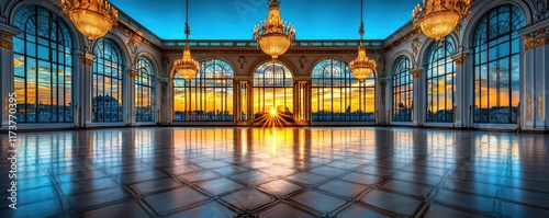 Wallpaper Mural A stunning interior view showcasing elegant chandeliers and expansive windows, illuminated by a vibrant sunset reflecting on the polished floor. Torontodigital.ca