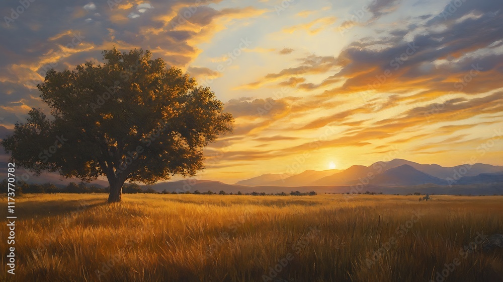 Obraz premium A serene sunset landscape featuring a lone tree and distant mountains under a colorful sky.