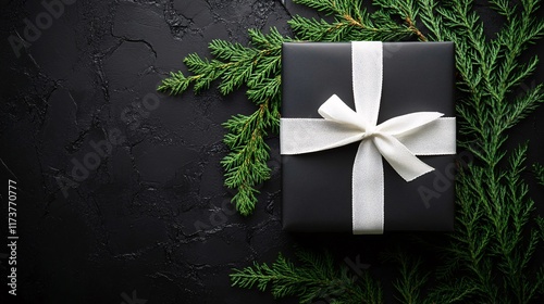 Gift wrapped in black paper with white ribbon surrounded by green pine branches