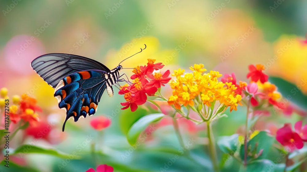Vibrant Butterfly on Colorful Flowers in Garden