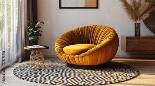 eclectic interior design, a mix of unique interior dcor items like a mustard velvet chair, geometric rug, and vintage coffee table in a modern living room with warm lighting and text space photo