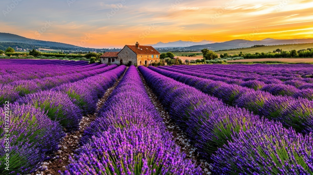 A scenic lavender field at sunset, featuring vibrant purple rows and a charming farmhouse against a backdrop of rolling hills and a colorful sky. A scenic lavender field at sunset, featuring vibrant purple rows and a charming farmhouse against a backdrop of rolling hills and a colorful sky.