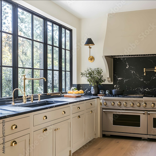 design an Amber Lewis inspired kitchen with oak flooring mushroom cabinets honed black stone countertops large windows pendant lights European range brass hardware wal