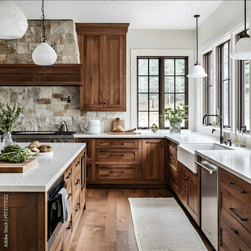 a kitchen with walnut cabinets white countertops and white cottagestyle old stone backsplash Medium dark wood floors Should be in a house that is on puget sound photo