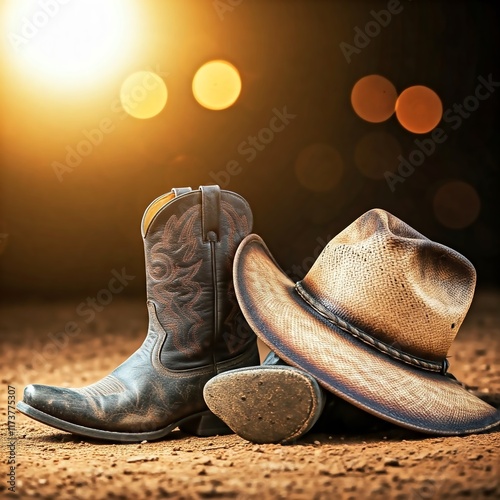 Classic cowboy boots with detailed stitching and a suede cowboy hat resting together on a wooden surface, illuminated by a warm golden background. photo