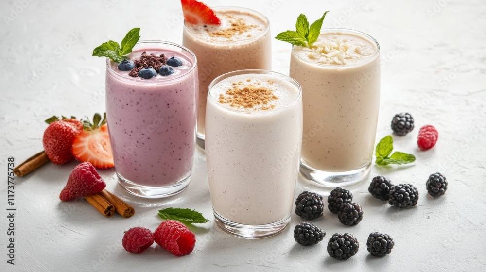 Refreshing and Delicious Smoothie Selection Featuring Berry, Banana, Coconut, and Vanilla Flavors with Fresh Fruits and Herbs on a Light Background Refreshing and Delicious Smoothie Selection Featuring Berry, Banana, Coconut, and Vanilla Flavors with Fresh Fruits and Herbs on a Light Background