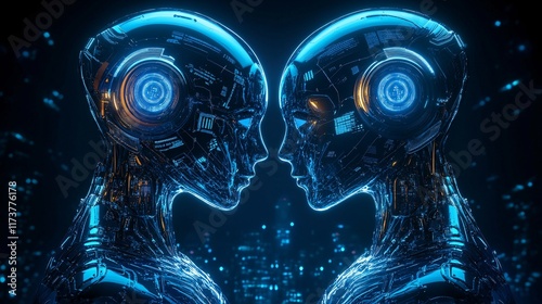 High-tech androids reflect human connection in futuristic cityscape