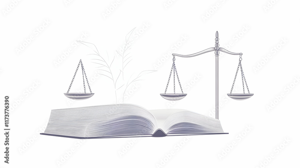 Open book with scales of justice, plant sprout; symbolizing legal growth, fairness, and law. Ideal for legal, justice, or growth concepts. Open book with scales of justice, plant sprout; symbolizing legal growth, fairness, and law. Ideal for legal, justice, or growth concepts.