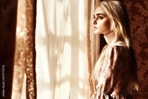 Young caucasian female wearing vintage dress looks through sunlit window photo