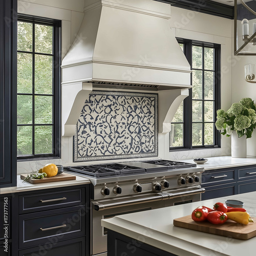 A transitional style kitchen with zellige tile backsplash quartzite counter tops a plaster hood range creamy white cabinets with dark blue island cabinets Magazine cov