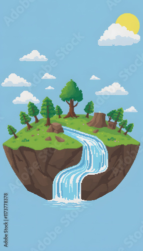 Ecocycle water cycle on planet earth concept Illustration, pixel art, with white tones photo