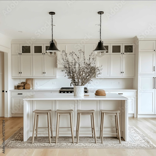 A front view of a Shakerstyle kitchen featuring a complete setup including a beautiful Shaker cabinet with classic flatpanel doors and a crisp white finish The kitchen