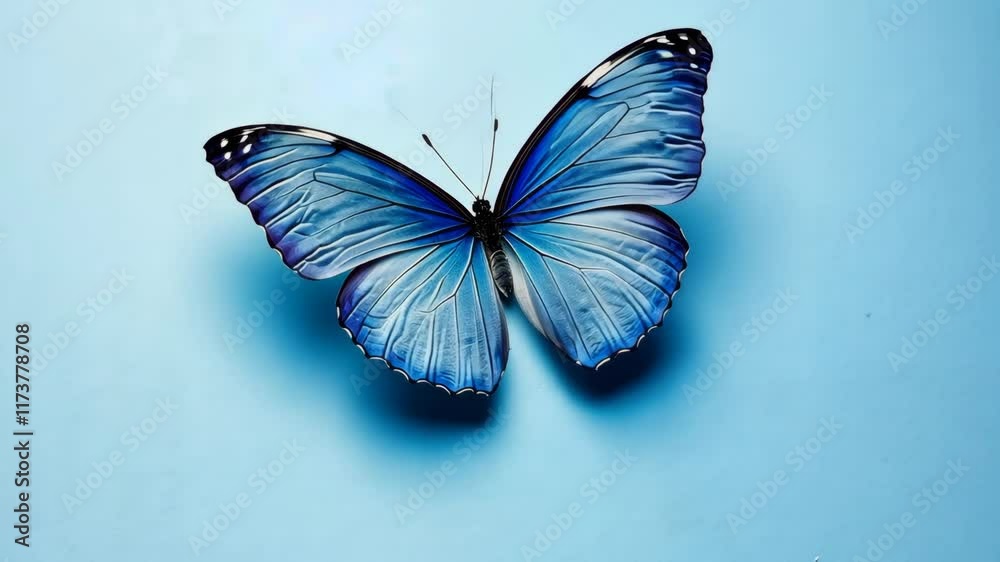 Beautiful blue butterfly resting on a soft blue background showcasing intricate wing patterns