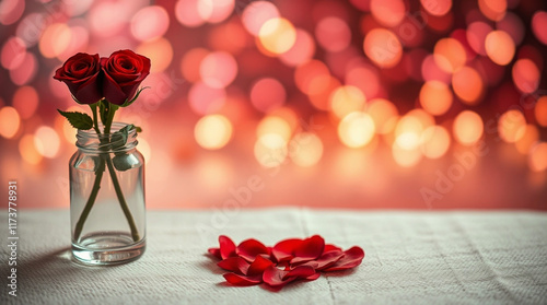 Red rose in a bottle and bobble heart shaped with valentine themed background