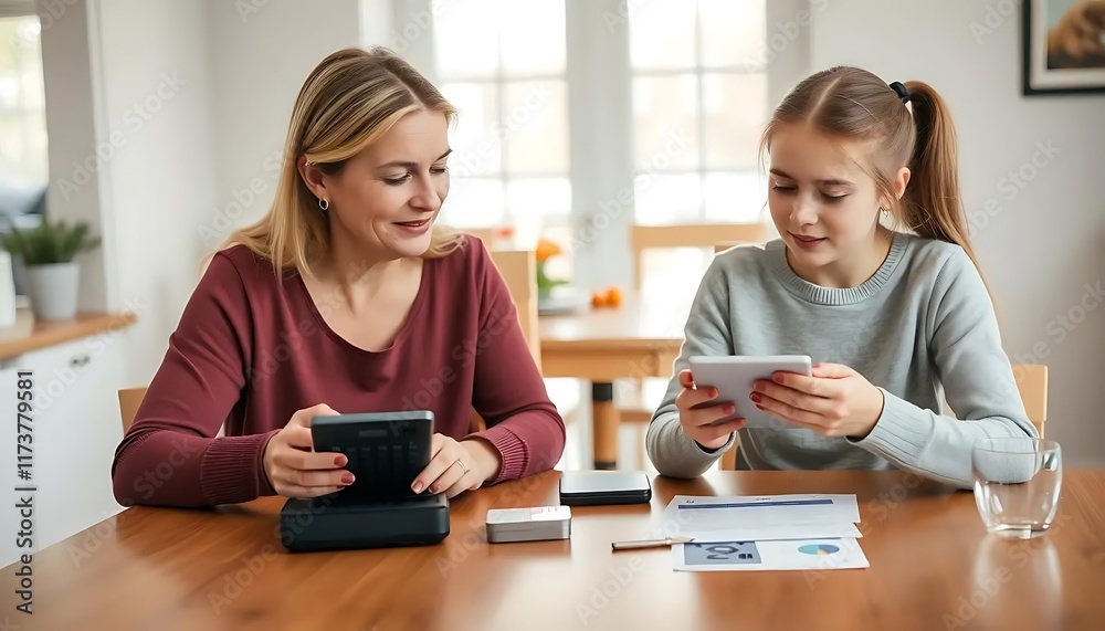 Woman and girl reviewing finances together at home Woman and girl reviewing finances together at home