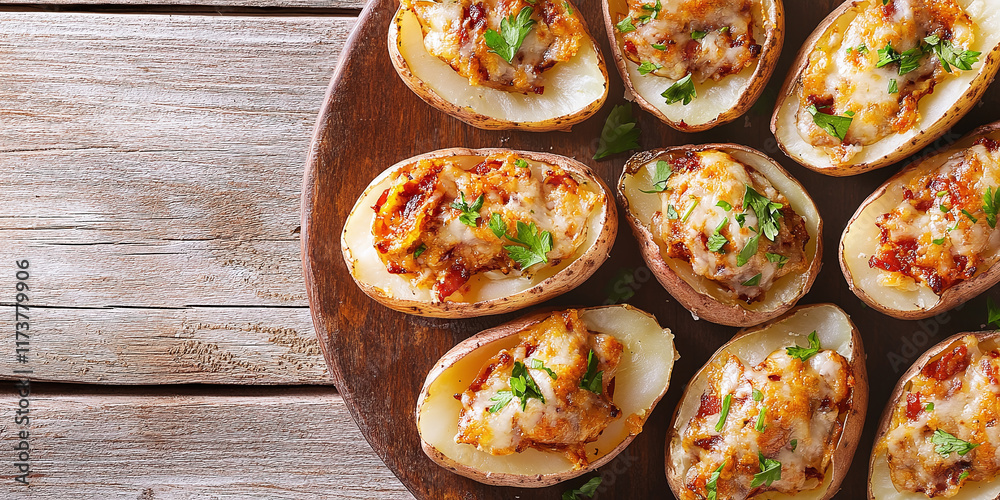 Close-up of baked potato skins filled with cheese, bacon, and herbs on a wooden plate, perfect for party snacks or comfort food ideas. Close-up of baked potato skins filled with cheese, bacon, and herbs on a wooden plate, perfect for party snacks or comfort food ideas.