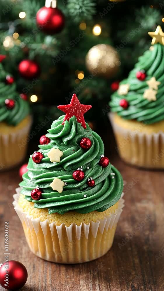 Delightful Christmas tree cupcakes with festive decorations and green frosting on a rustic wooden table Delightful Christmas tree cupcakes with festive decorations and green frosting on a rustic wooden table