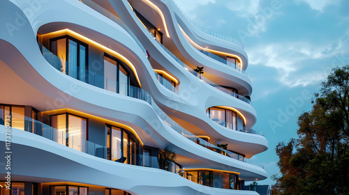 A futuristic modern apartment building with rounded edges and illuminated at night by soft lighting
