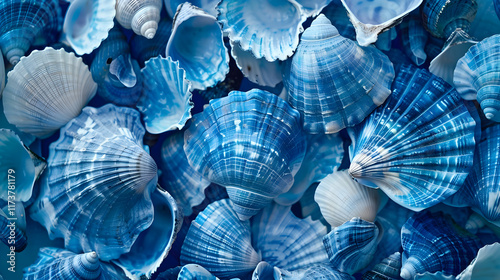 A background completely filled with blue seashells, with their intricate details visible