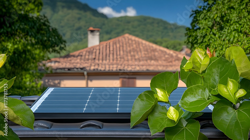 Rooftop solar panel, green energy, mountain view, sustainable home, eco-friendly power. photo