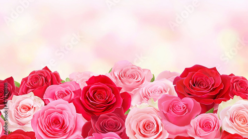 Pink and red roses border, soft background.