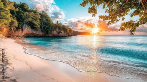 seaside sunset, tranquil beach at sunset with pastel clouds reflecting on the ocean, white sand gently touched by the tide