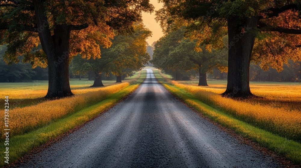 Scenic autumn road through tree-lined field at sunrise. Scenic autumn road through tree-lined field at sunrise.