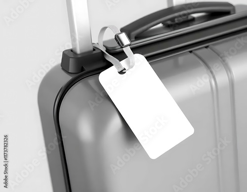Blank Luggage Tag Attached To Gray Suitcase