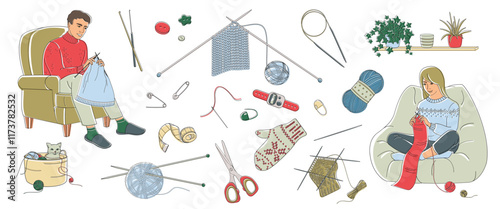 man and woman knitting sitting in a chair and a set of elements about knitting, knitting needles, crochet, balls of wool, pins, scissors, row counter, stitch markers, buttons, knitted mittens