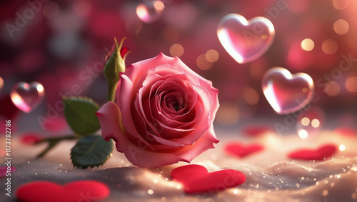 Red rose in a bottle and bobble heart shaped with valentine themed background