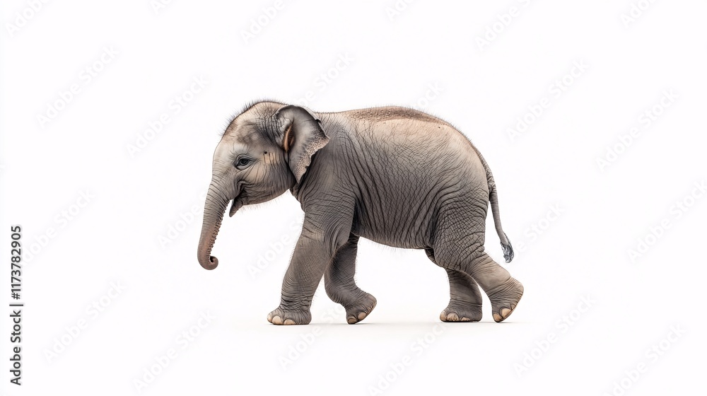 Fototapeta premium Baby elephant walking gracefully on a light background in a spacious environment