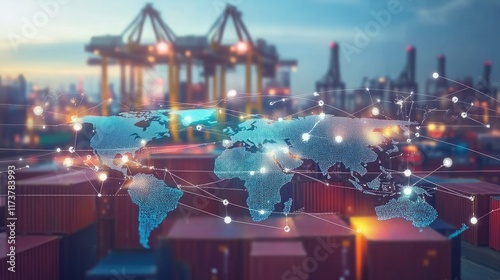 Conceptual illustration of interconnected global trade routes, highlighting manufacturers, suppliers, and distributors on a glowing world map.