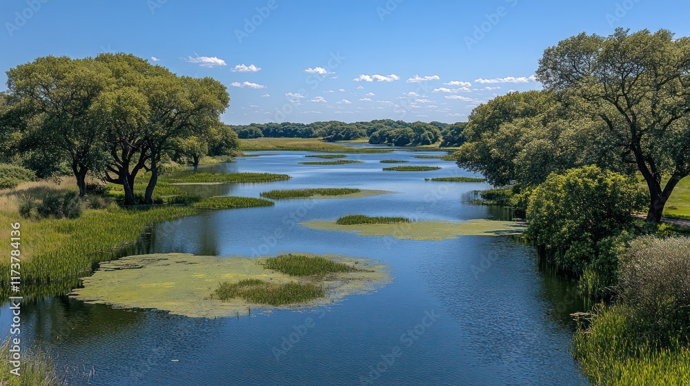 Serene summer river landscape with lush green trees and vegetation. Serene summer river landscape with lush green trees and vegetation.