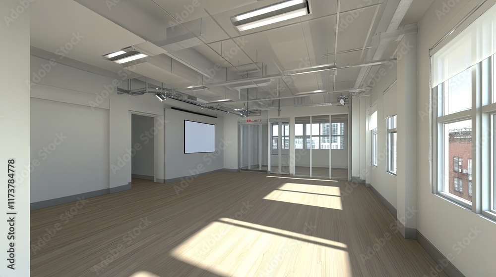 custom made wallpaper toronto digitalEmpty corporate meeting room featuring a large projector, white walls, and glass windows letting in natural light.