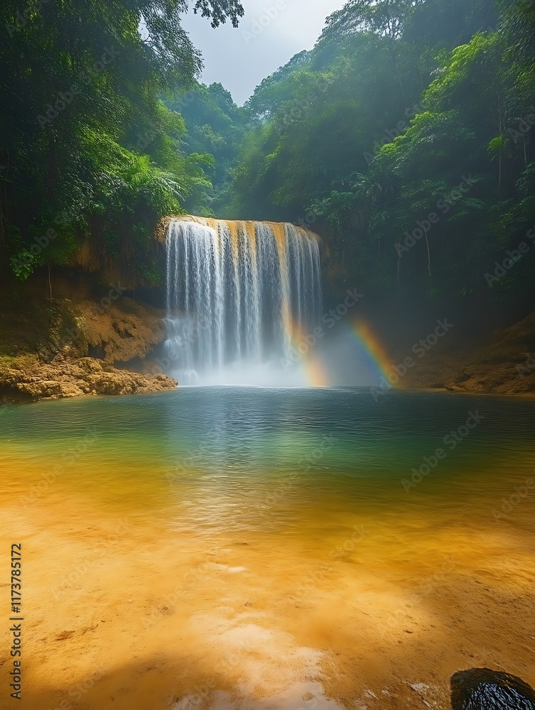 Fototapeta premium Serene waterfall cascading into a tranquil pool with a rainbow.