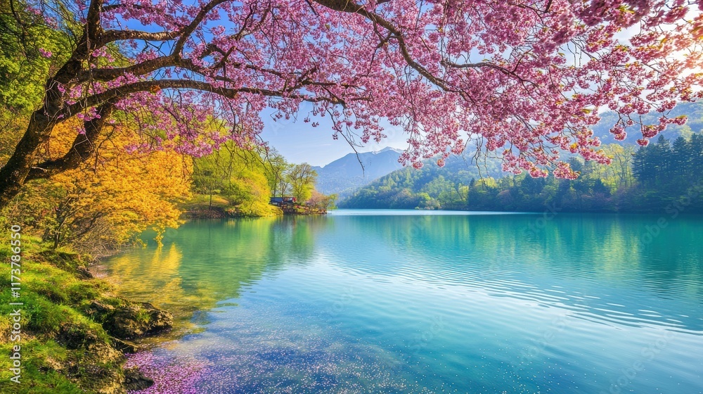 cherry blossoms grace a serene lake in the gentle spring sunlight, creating an ideal background for a seasonal concept with text space cherry blossoms grace a serene lake in the gentle spring sunlight, creating an ideal background for a seasonal concept with text space