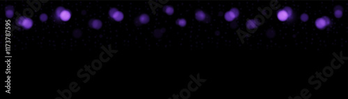 vector horizontal banner many violet, lilac, violet bokeh circles, golden particle on black background. Light circular design along the top edge of the banner. Background with copy space.