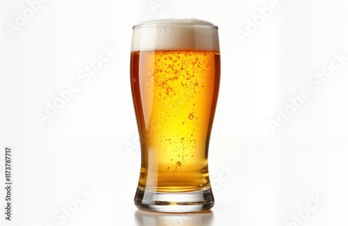 Full beer glass isolated on white background. Golden colored drink with frothy head. Refreshing cold beverage ideal for brewery advertisements. Great photo for pub bar. Perfect for oktoberfest photo