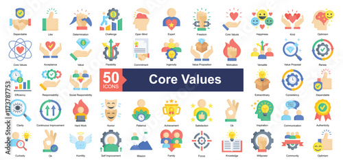 Core Values Icon Collection Set.Containing dependable, like, determination, challenge, open mind, expert, freedom, core values, happiness, kind, icon. Simple flat style Vector Illustration.