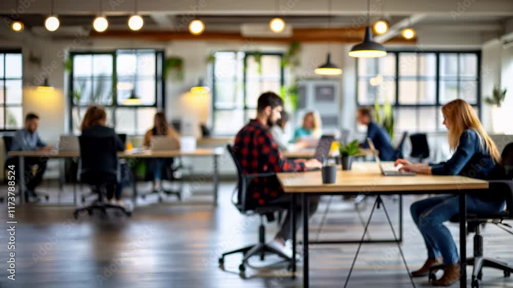 Startup teamwork, blurred people silhouettes working in a luminous workplace, modern office room with greenery and warm light Startup teamwork, blurred people silhouettes working in a luminous workplace, modern office room with greenery and warm light
