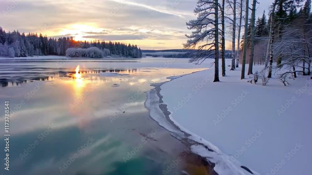 A serene winter sunrise over a snowy forest lake, perfect for a peaceful holiday atmosphere. A serene winter sunrise over a snowy forest lake, perfect for a peaceful holiday atmosphere.