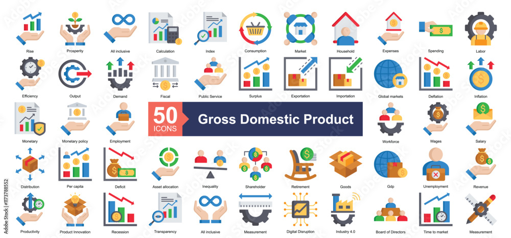Naklejka premium Gross Domestic Product Icon Collection Set.Containing rise, prosperity, all inclusive, calculation, index, consumption, market, household, expenses icon. Simple flat style Vector Illustration.