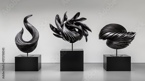 Elegant Black Sculptures: 3D Render of Abstract Art Forms AI Generated photo