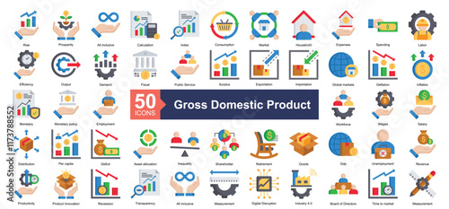 Gross Domestic Product Icon Collection Set.Containing rise, prosperity, all inclusive, calculation, index, consumption, market, household, expenses icon. Simple flat style Vector Illustration.