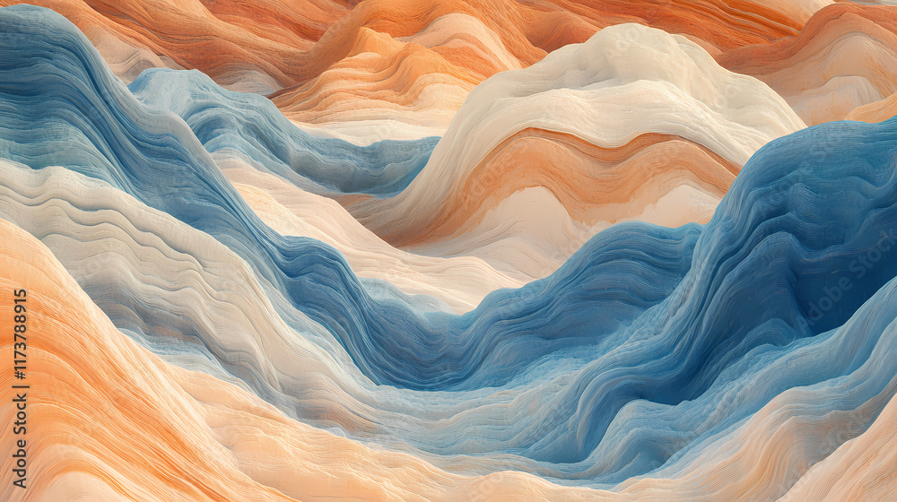 Obraz premium Abstract depiction of undulating terrain with textured orange and blue gradients, resembling sandstone waves. concept for artistic and surreal landscapes. Sandstone. Illustration