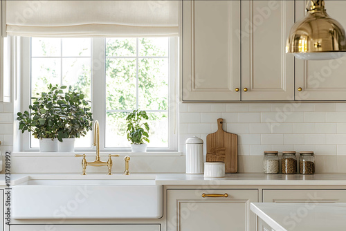 A wide view of a country kitchen in an offwhite shade with lightcolored metro tile wall covering white marble handles and a gold faucet Combination of high and low cab photo