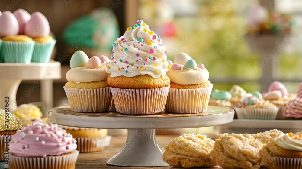 Colorful cupcake display with icing movement in a cozy bakery setting Colorful cupcake display with icing movement in a cozy bakery setting