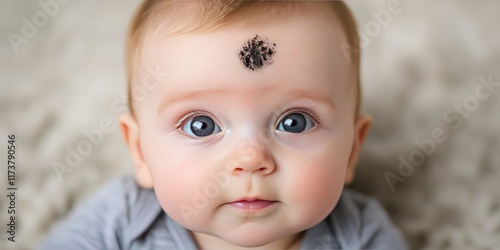 Ash Wednesday concept - baby with ash thumbprint on forehead 